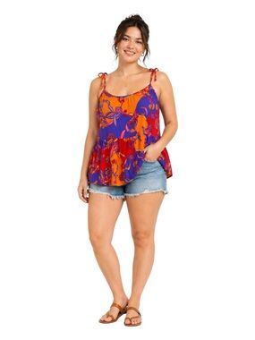 ModCloth 2X Plus Size Floral Babydoll Tank Orange Purple Retro Tie Strap Boho
